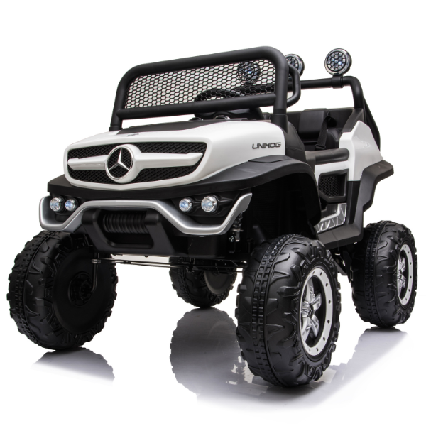 Masinuta electrica MERCEDES BENZ UNIMOG, 12V14Ah, motor 25Wx4, roți EVA, scaune din piele