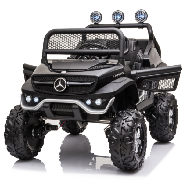 Masinuta electrica MERCEDES BENZ UNIMOG, 12V14Ah, motor 25Wx4, roți EVA, scaune din piele