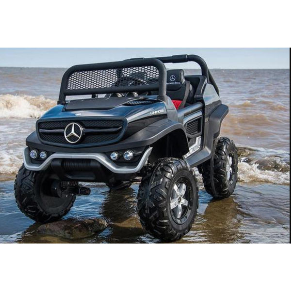 Masinuta electrica MERCEDES BENZ UNIMOG, 12V14Ah, motor 25Wx4, roți EVA, scaune din piele