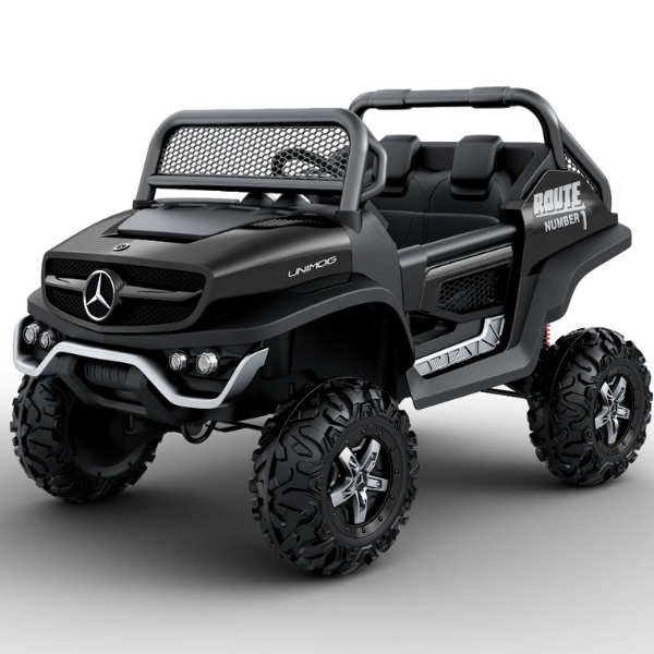 Masinuta electrica MERCEDES BENZ UNIMOG, 12V14Ah, motor 25Wx4, roți EVA, scaune din piele