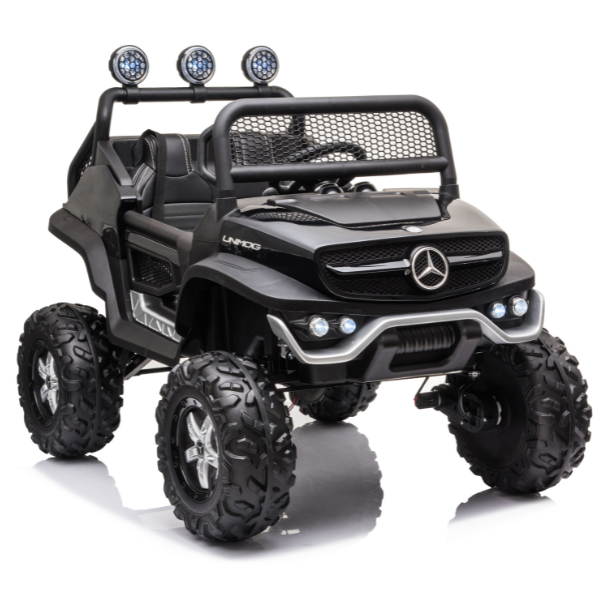 Masinuta electrica MERCEDES BENZ UNIMOG, 12V14Ah, motor 25Wx4, roți EVA, scaune din piele