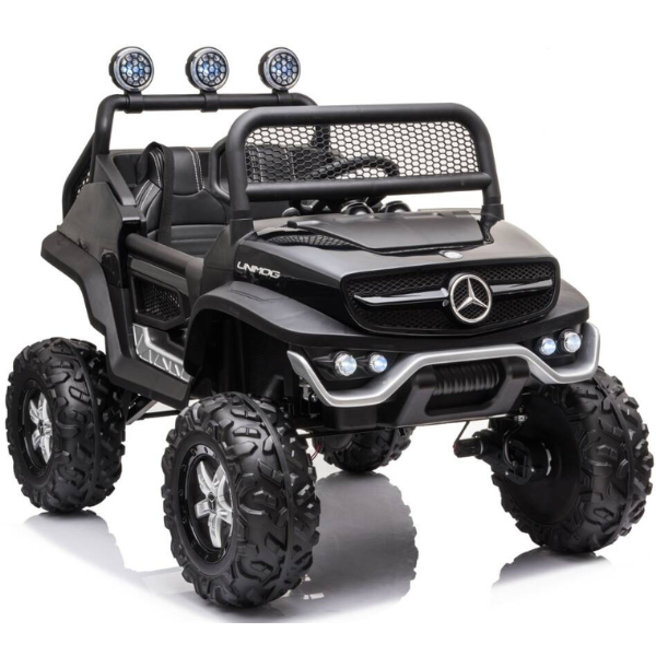 Masinuta electrica MERCEDES BENZ UNIMOG, 12V14Ah, motor 25Wx4, roți EVA, scaune din piele