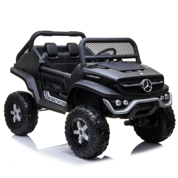 Masinuta electrica MERCEDES BENZ UNIMOG, 12V14Ah, motor 25Wx4, roți EVA, scaune din piele