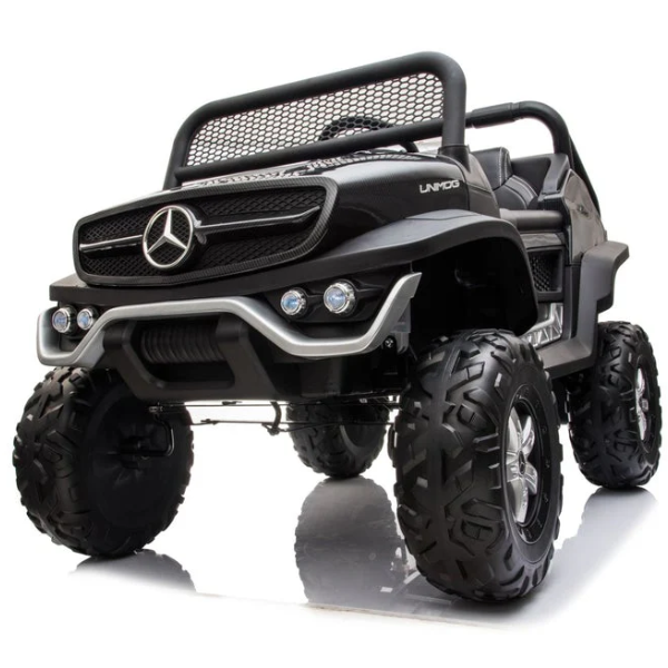 Masinuta electrica MERCEDES BENZ UNIMOG, 12V14Ah, motor 25Wx4, roți EVA, scaune din piele