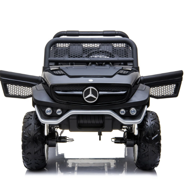 Masinuta electrica MERCEDES BENZ UNIMOG, 12V14Ah, motor 25Wx4, roți EVA, scaune din piele
