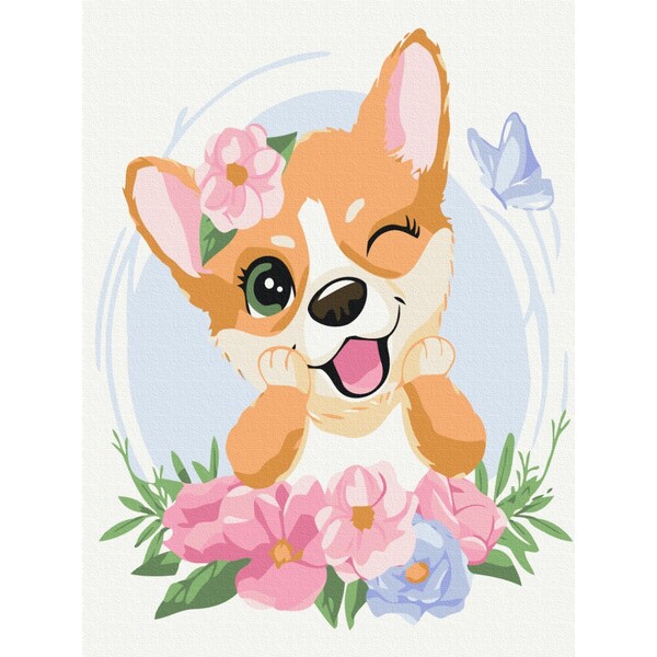 Pictură pe numere 30*40 сm (fără cutie) – Corgi în flori