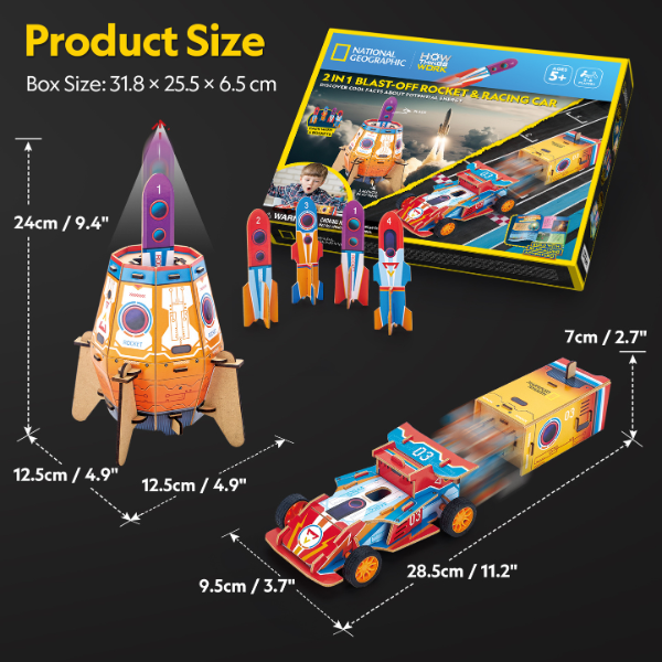 3D puzzle “2 în 1 Rachetă de lansare și mașină de curse”