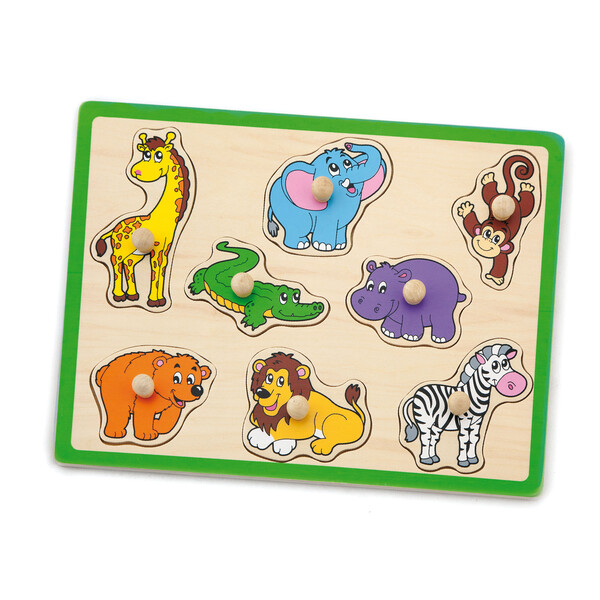 Puzzle din lemn cu buton „Animale sălbatice” 8 elem.