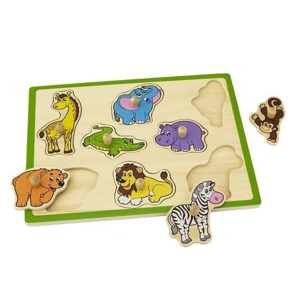 Puzzle din lemn cu buton „Animale sălbatice” 8 elem.