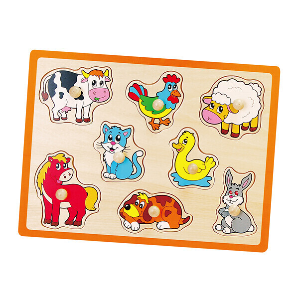 Puzzle din lemn cu buton „Animalele de la fermă” 8 elem.