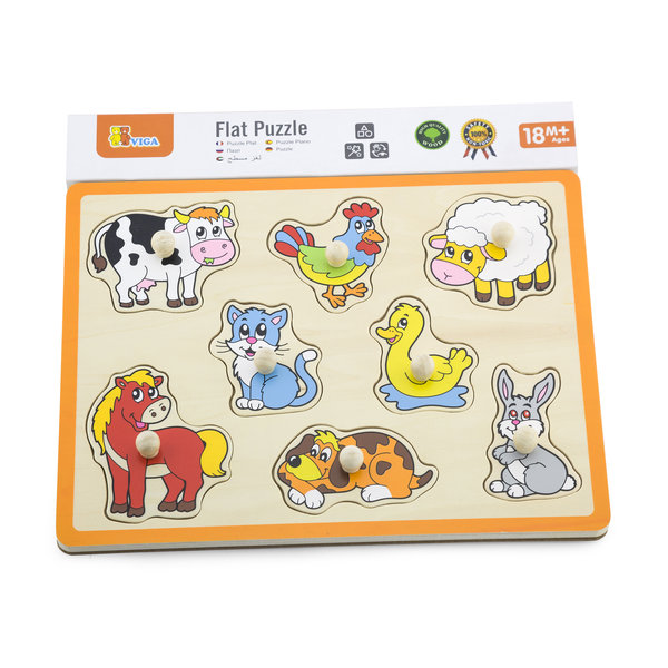 Puzzle din lemn cu buton „Animalele de la fermă” 8 elem.