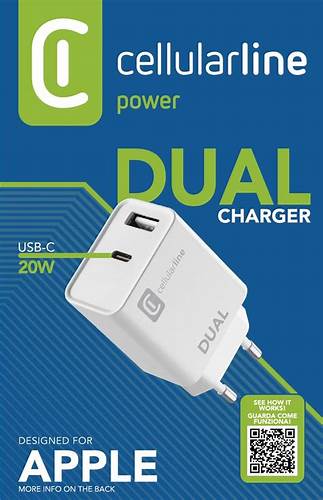 Încărcător Cellularline Dual PD, 20W, Alb, pentru Apple