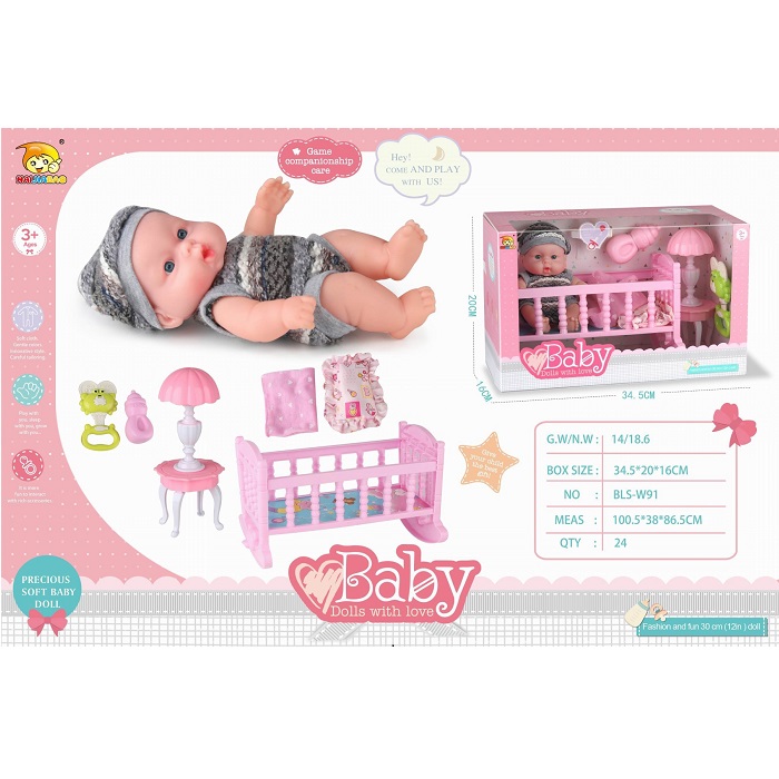 Papusa baby cu patuc si accesorii (Cutie deteriorată)