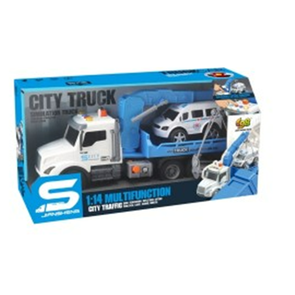 Camion evacuator albastru cu frictiune, buton presiune, sunete si lumini, 1:14