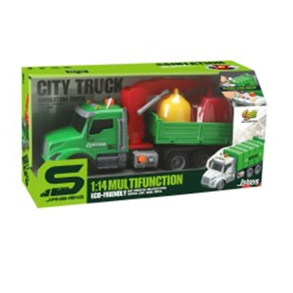 Camion cu remorca, macara si tomberoane, frictiune, buton presiune, sunete si lumini, 1:14