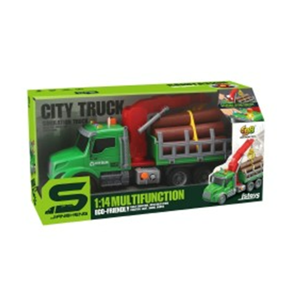Camion transportator lemne cu macara, frictiune, buton presiune, sunete si lumini, 1:14