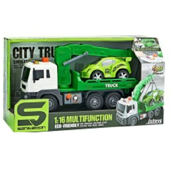 Jucarie Evacuator verde cu frictiune, buton presiune, sunete si lumini, 1:16