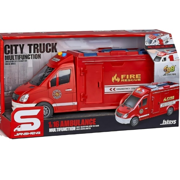 Красный микроавтобус скорой помощи с механическими и открывающимися дверями, звуковыми и световыми э