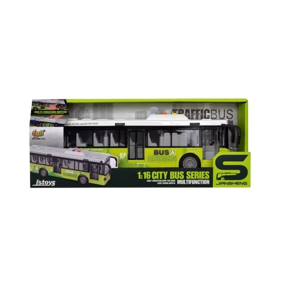 Зелёный автобус с эффектом трения, звуками и светом, масштаб 1:16