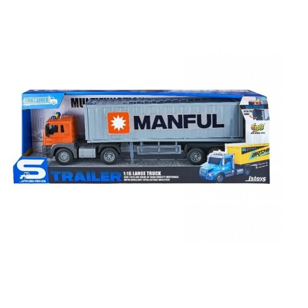Camion transportator container, frictiune, sunete si lumini, 1:16