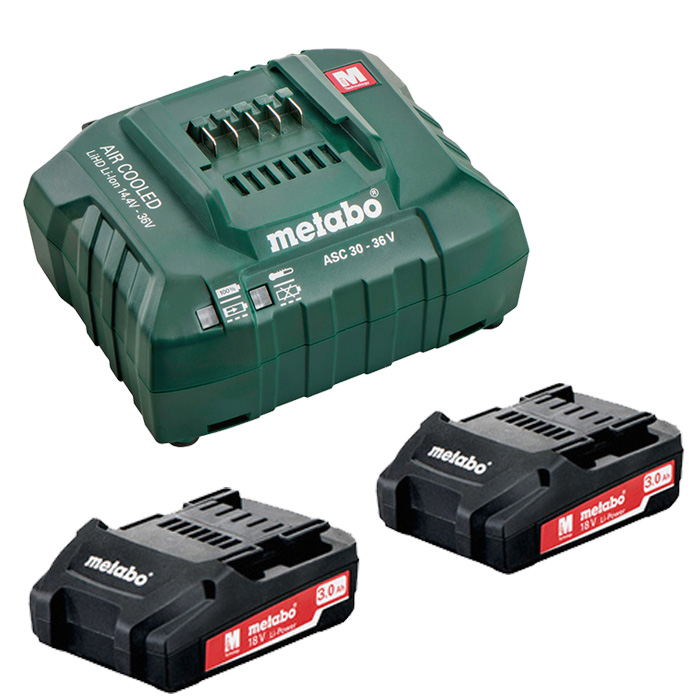 Set acumulatori Metabo Li-ion 2x3.0 Ah + ASC 30-36 V