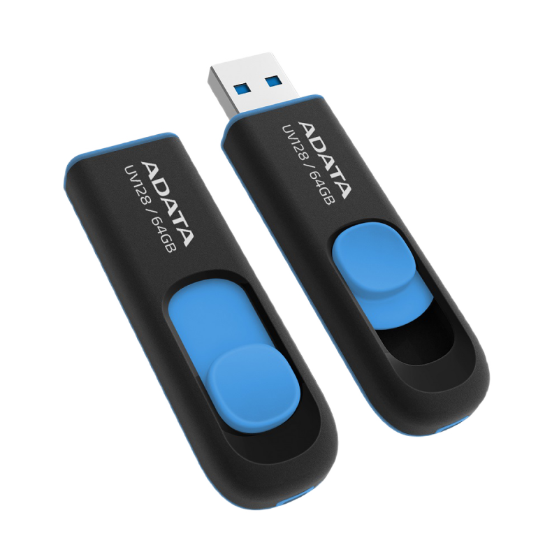 64GB USB3.1 Flash Drive ADATA "UV128", Black-Blue, Plastic, Slider (R/W:80/20MB/s)