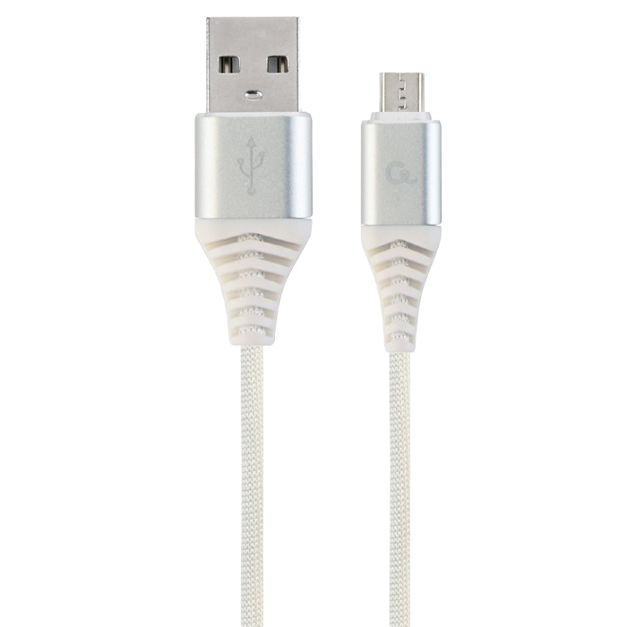 Blister MicroUSB/USB2.0,  1.0 m, Cablexpert Cotton Braided Silver/White, CC-USB2B-AMmBM-1M-BW2