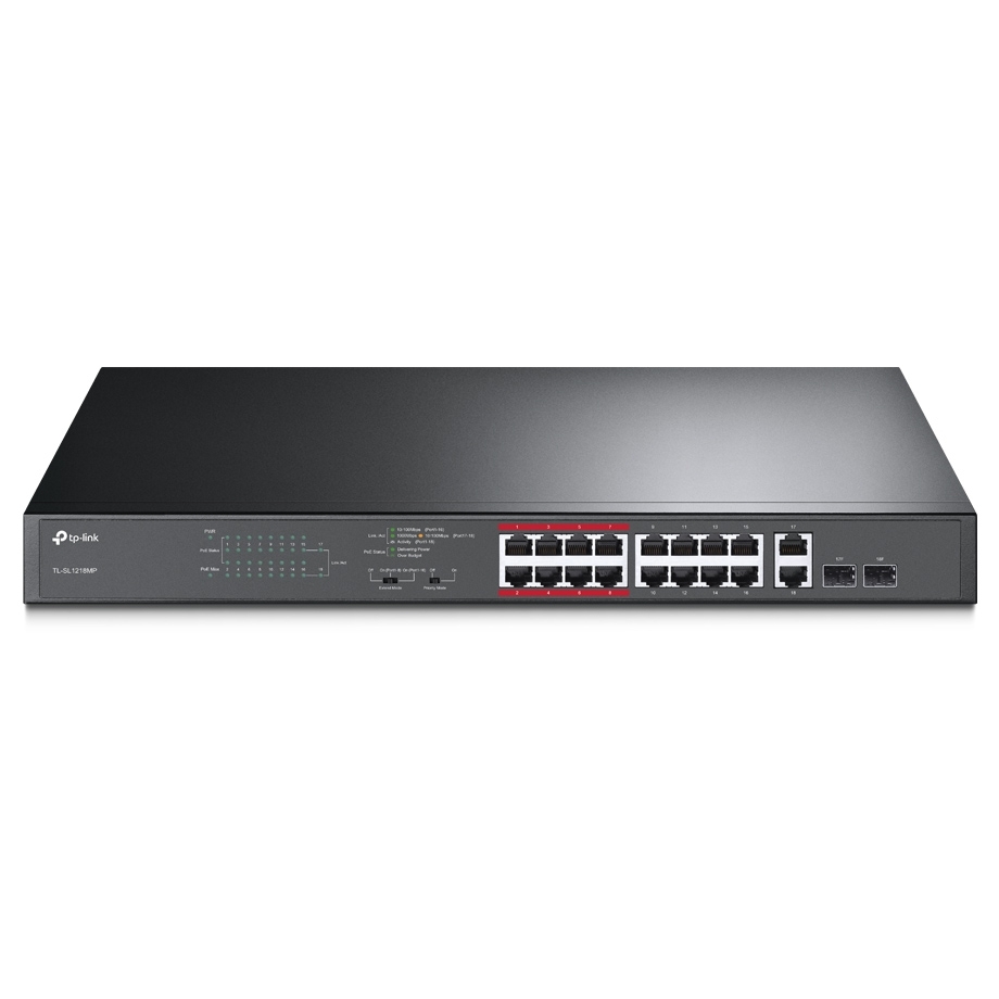 16-port 10/100M TP-Link PoE+ Switch, TL-SL1218MP, 2xGbit, 2xSFP combo, 250W budget, 1U 19", Steel