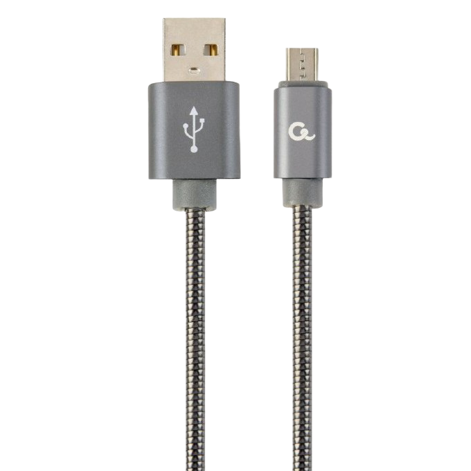 Blister MicroUSB/USB2.0, 2.0 m, Cablexpert Premium spiral metal metallic-grey CC-USB2S-AMmBM-2M-BG