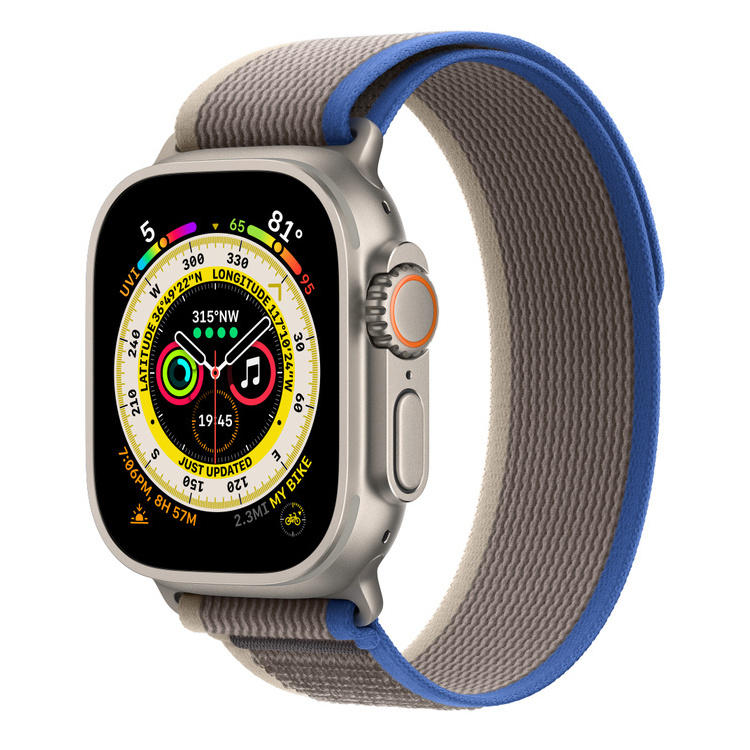 Apple Watch Ultra GPS + Cellular 49mm Titanium Case with Blue/Gray Trail Loop - M/L (E)