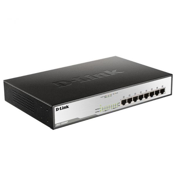 .8-port 10/100/1000Mbps  PoE, D-Link DGS-1008MP/B1A, 125W Budget