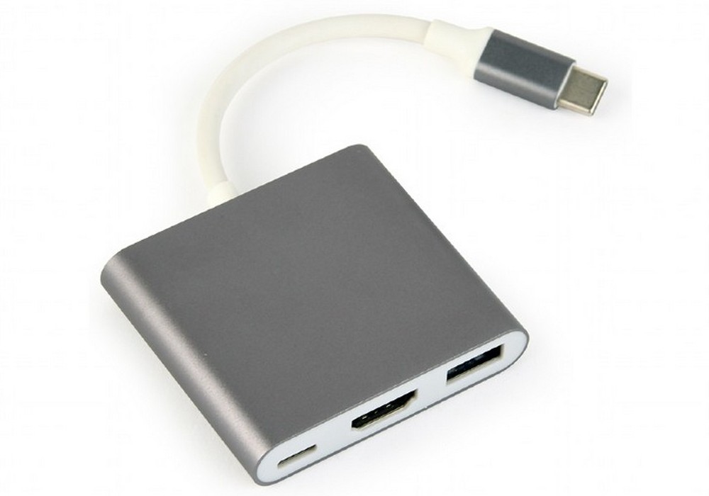 Adapter 3-in-1 Type-C to HDMI/USB/Type-C sockets, cable 75mm, Grey, Cablexpert A-CM-HDMIF-02-SG