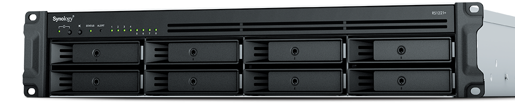 SYNOLOGY "RS1221RP+", 8-bay, AMD Ryzen 4-core 2.2Ghz, 4Gb*1+1Slot, 4x1GbE, PCIe, 2x350W PSU