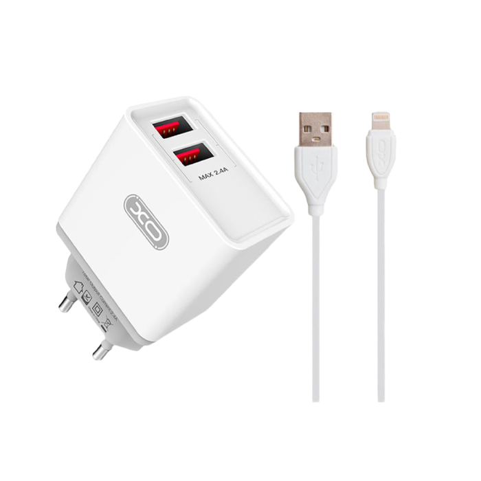 Wall Charger XO + Lightning Cable, 2USB, Q.C3.0 18W, L67, White