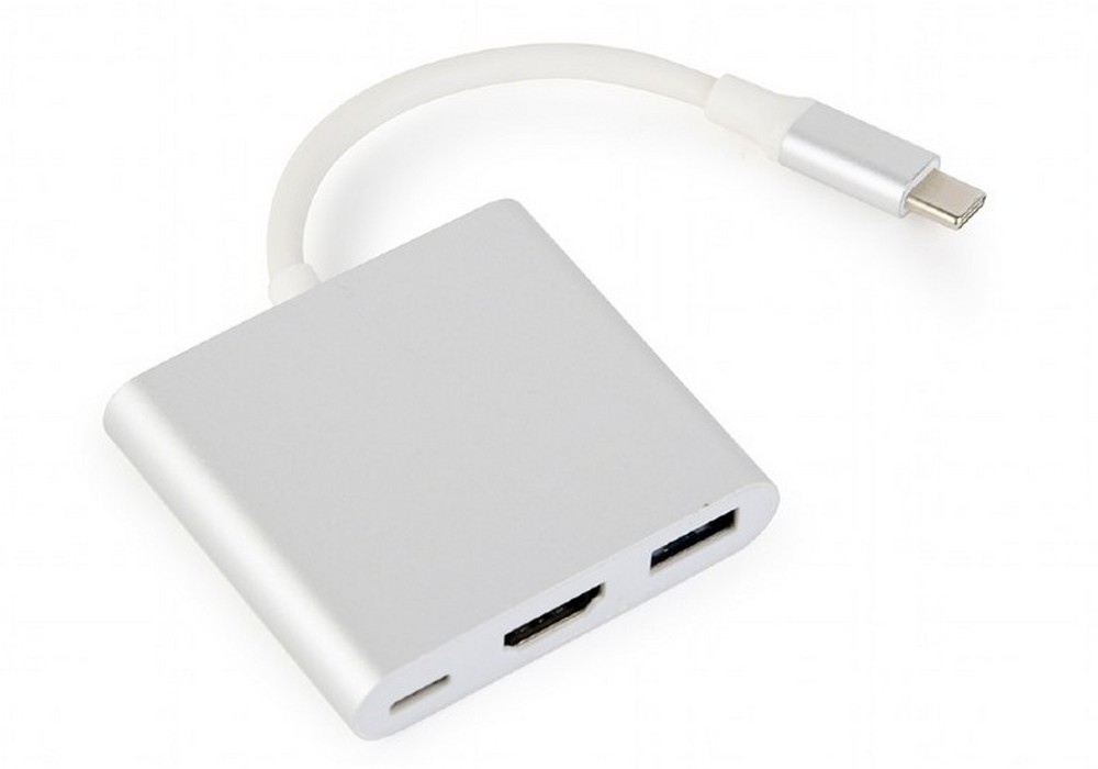 Adapter 3-in-1 Type-C to HDMI/USB/Type-C sockets, cable 75mm, Silver, Cablexpert A-CM-HDMIF-02-SV