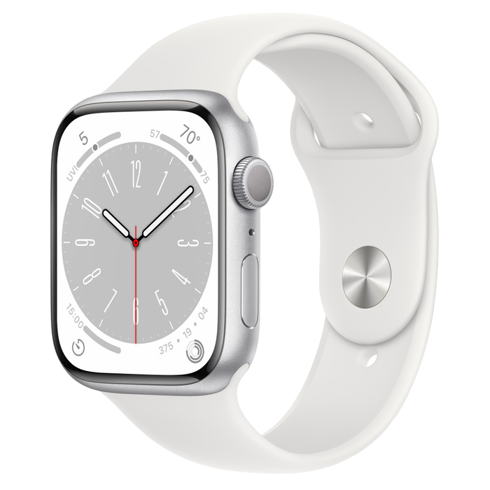 Apple Watch Series 8 GPS, 45mm Silver Aluminium Case with White Sport Band, MP6Q3 (usa)