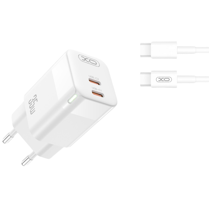 Wall Charger XO + Type C cable, GaN 2Type-C PD35W, CE07, White