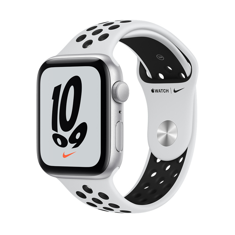 Apple Watch SE 44mm Silver Aluminum Case with Pure Platinum/Black Nike SporttBand, MKQ73 GPS, Silver