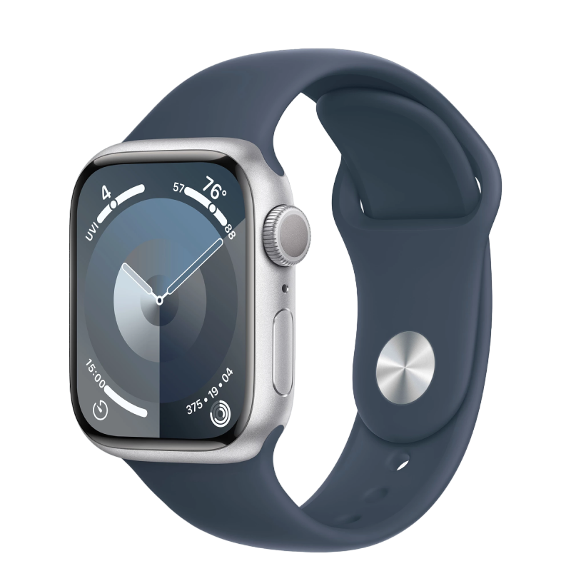 Apple Watch Series 9 GPS, 41mm Silver Aluminium Case with Storm Blue Sport Band - S/M,Model MR903