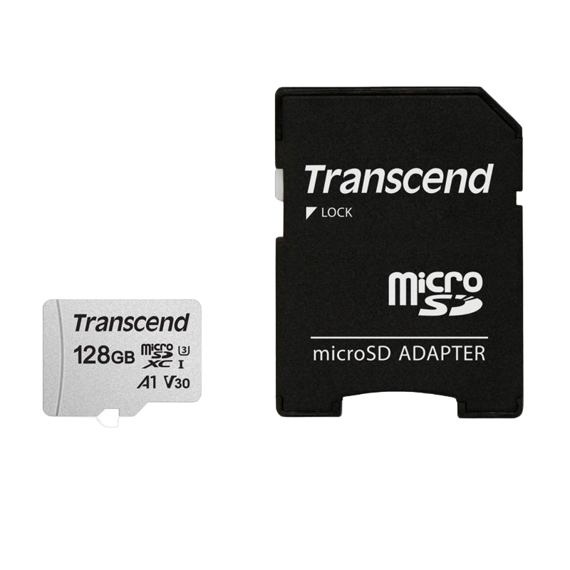 128GB MicroSD (Class 10) UHS-I (U3) +SD adapter, Transcend "TS128GUSD300S" (R/W:95/45MB/s)