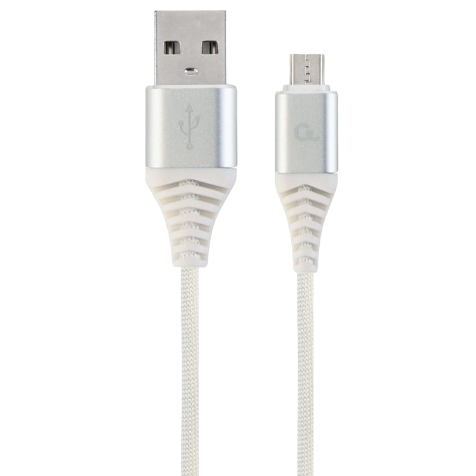 Blister MicroUSB/USB2.0,  2.0 m, Cablexpert Cotton Braided Silver/White, CC-USB2B-AMmBM-2M-BW2