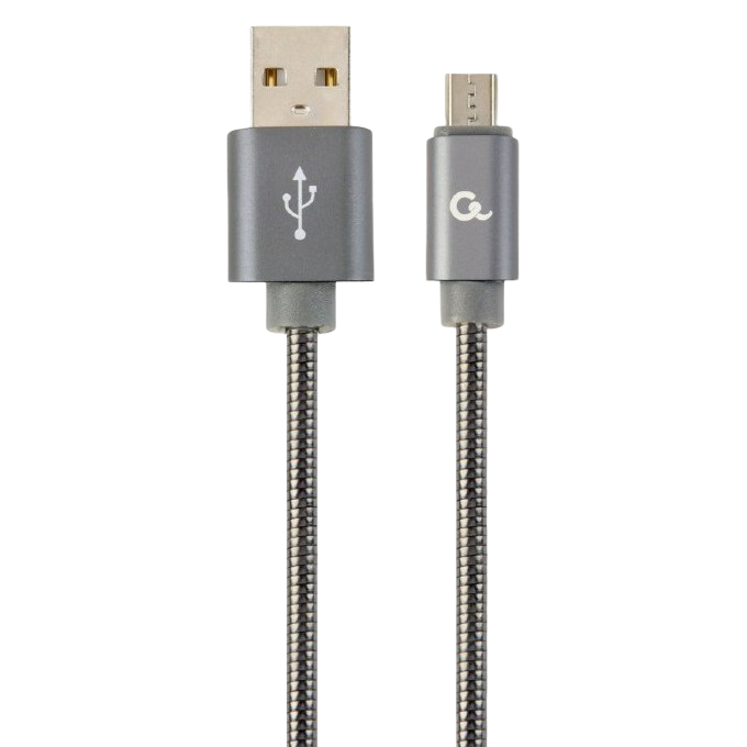 Blister MicroUSB/USB2.0, 1.0 m, Cablexpert Premium spiral metal metallic-grey CC-USB2S-AMmBM-1M-BG