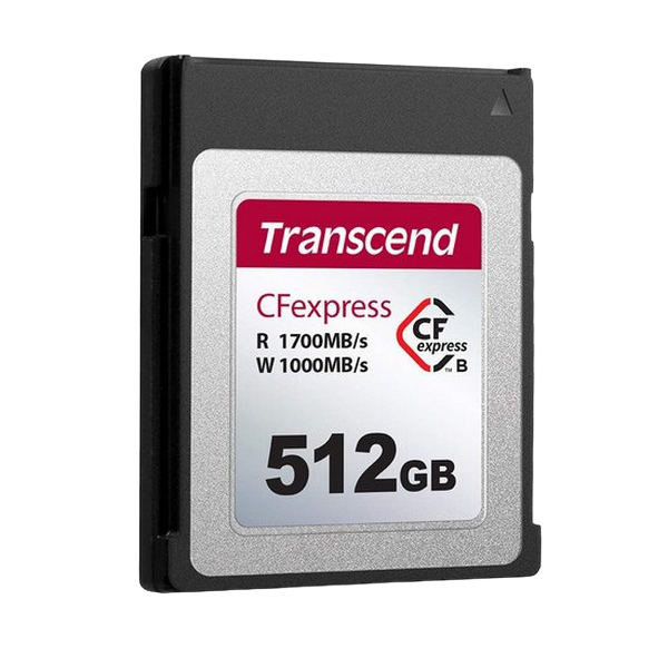 512GB CFexpress 2.0 Type B (PCIe 3.0 x2, NVMe 1.3), Transcend "TS512GCFE820" (R/W: 1700/1000MB/s)