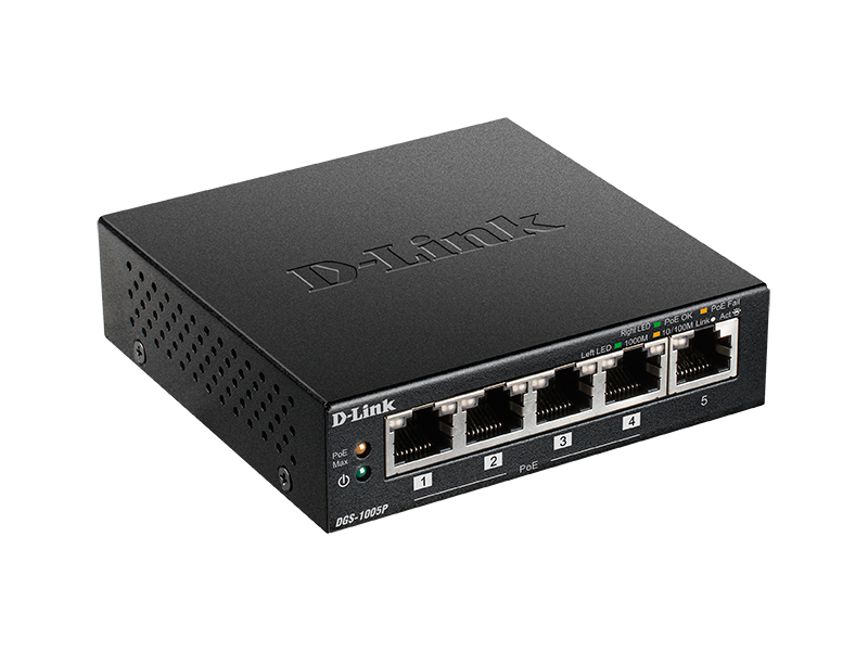 .5-port Gigabit Switch D-Link "DGS-1005P/A1A", with 4-Port PoE, steel case, 60W Budget