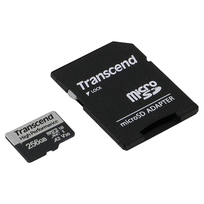 256GB MicroSD (Class 10) UHS-I (U3) +SD adapter, Transcend "TS256GUSD330S" (V30, A2, R/W:100/85MB/s)