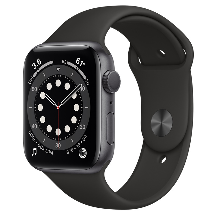 Apple Watch Series 6 GPS, 44mm, Aluminum Case with Black Sport Band, M00H3 GPS, Space Gray