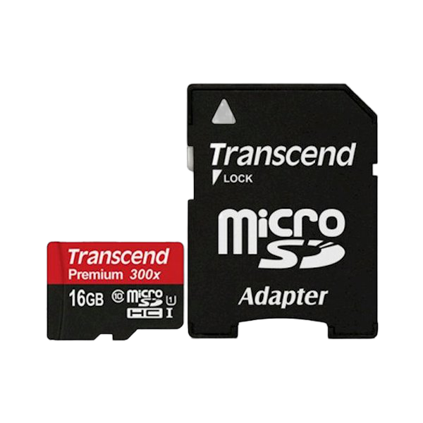 .16GB MicroSD (Class 10) UHS-I (U1) +SD adapter, Transcend "TS16GUSDU1" (R/W:60/16MB/s)