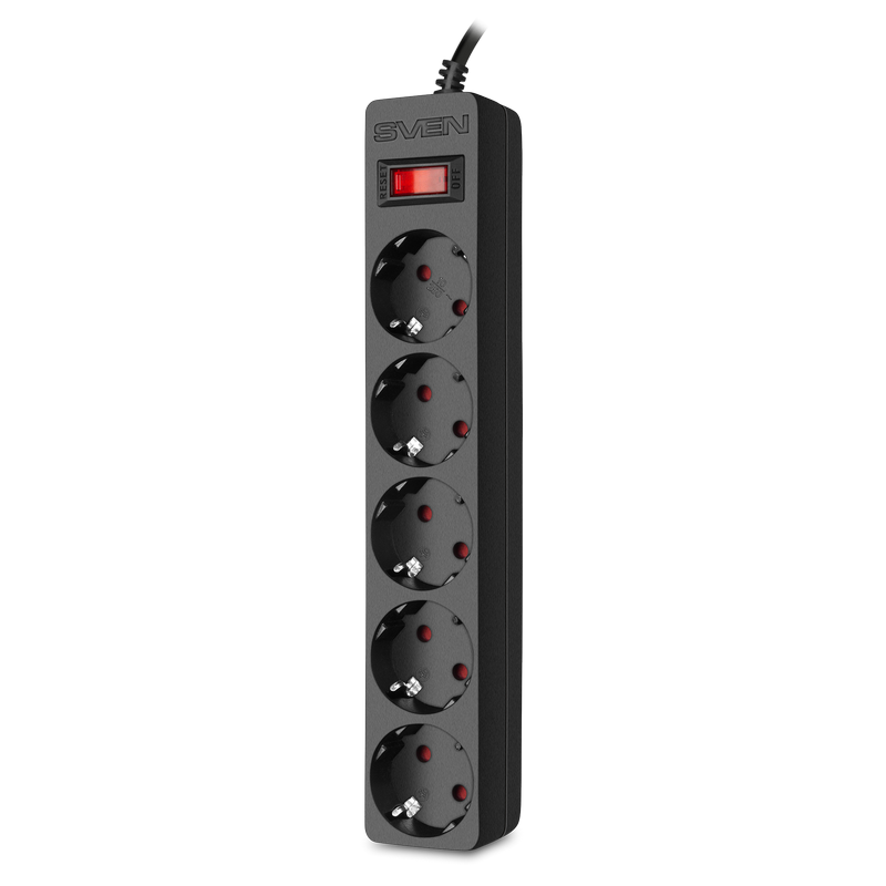 Surge Protector 5 Sockets,  5.0m,  Sven "SF-05E", Black, flame-retardant material