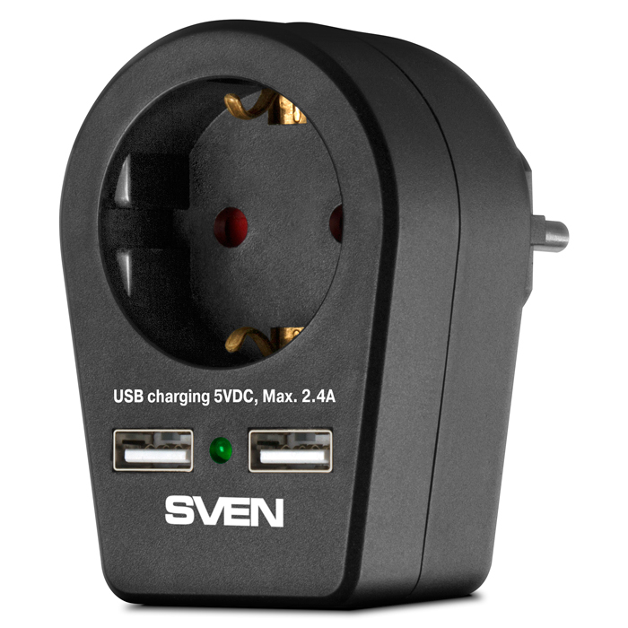 Surge Protector  1 Sockets,  Sven SF-S1U, 2 USB ports charging (2.4A), Black