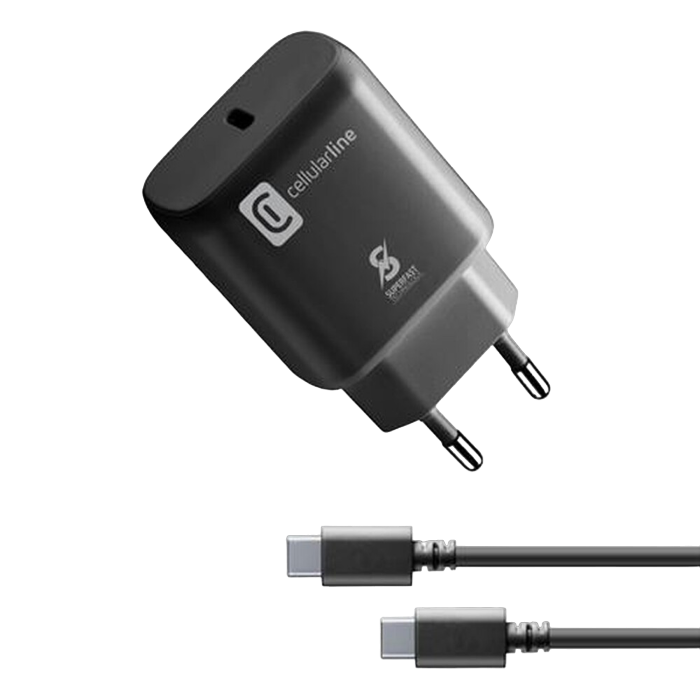 Wall Charger Cellularline, + Type-C-C to Type-C, 25W, Black